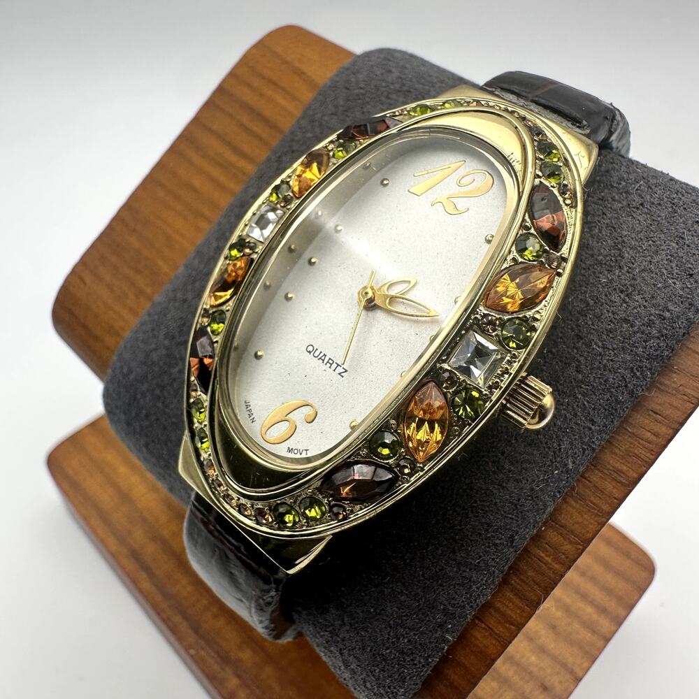 Vintage Gold-Tone Oval Quartz Watch with Jeweled Bezel Black Strap